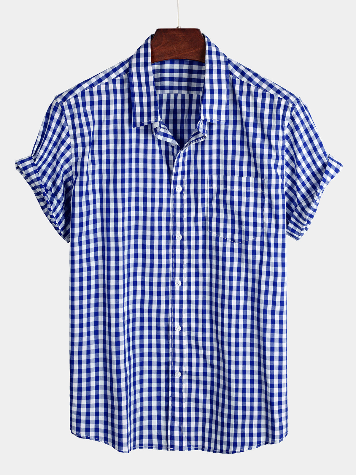 Camisa a cuadros de algodón casual de color sólido Pocket Summer Holiday Button Up de manga corta para hombre