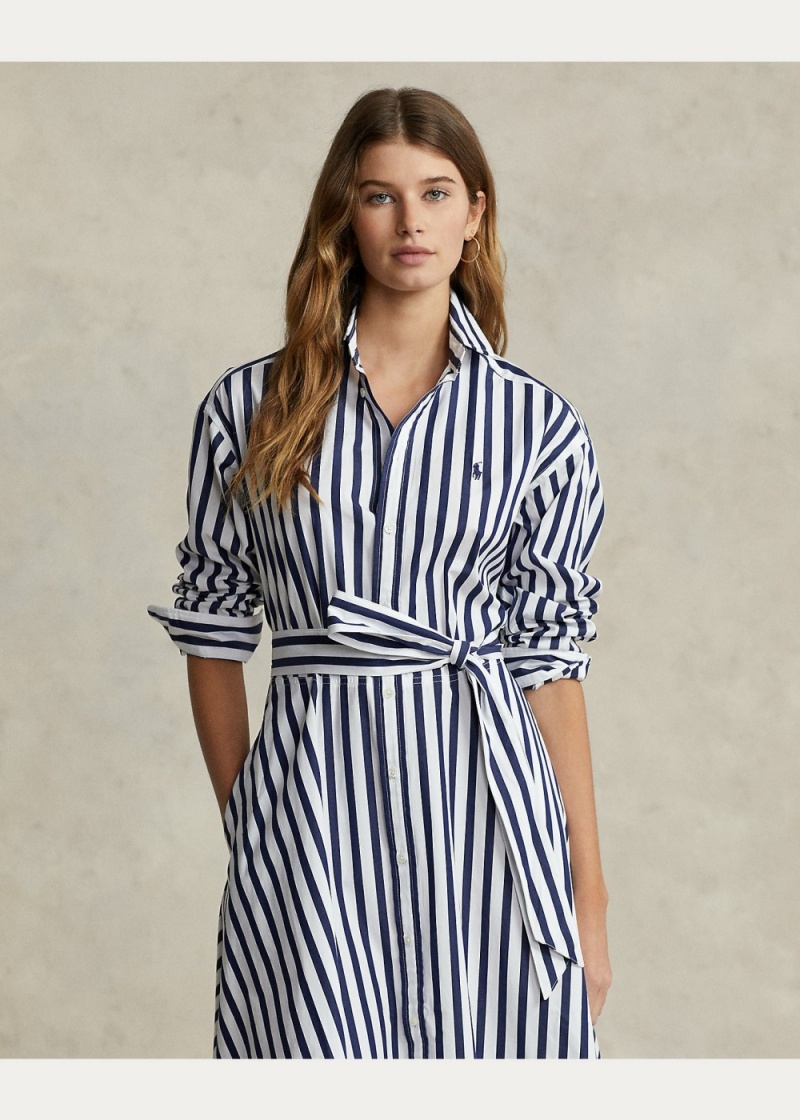 Vestido Belted A Rayas Algodon Shirtdress Mujer Blancos | YOLU36098 - vista 3
