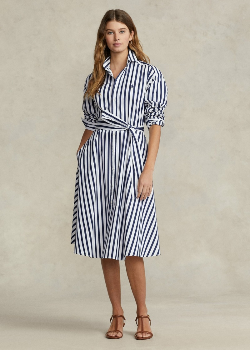 Vestido Belted A Rayas Algodon Shirtdress Mujer Blancos | YOLU36098 - vista 1