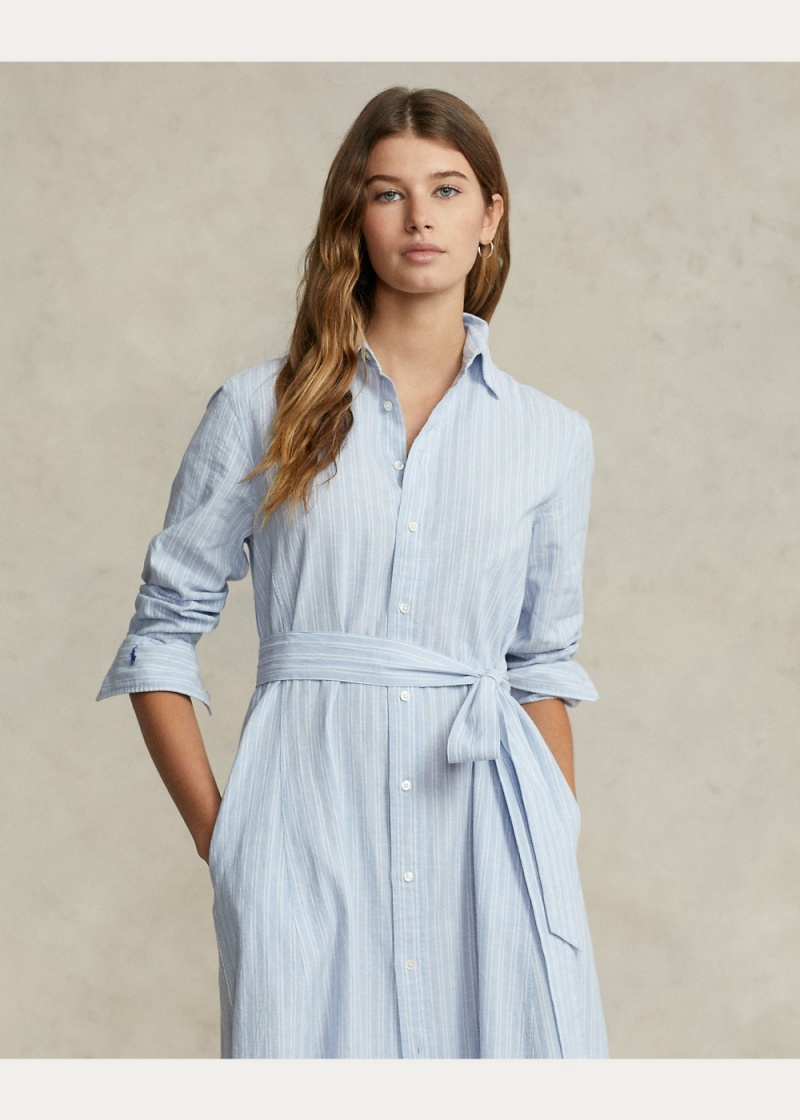 Vestido Belted A Rayas Linen-Algodon Shirtdress Mujer Marrom | HIQO16042 - vista 2