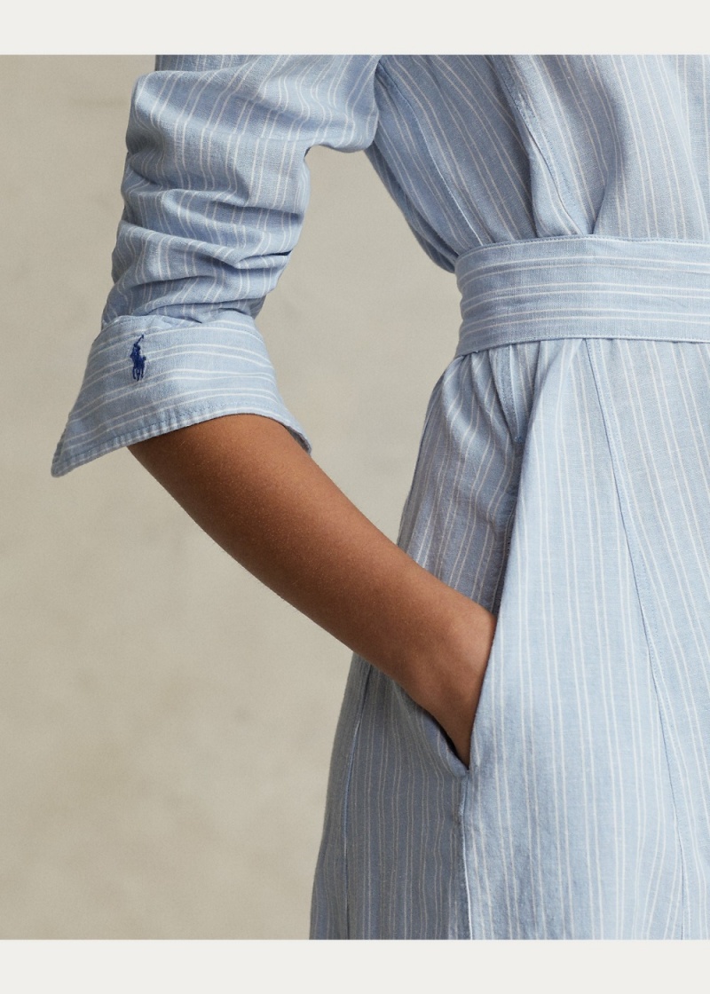 Vestido Belted A Rayas Linen-Algodon Shirtdress Mujer Marrom | HIQO16042 - vista 4