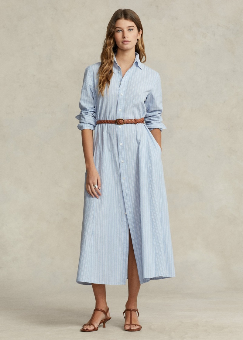 Vestido Belted A Rayas Linen-Algodon Shirtdress Mujer Marrom | HIQO16042 - vista 1