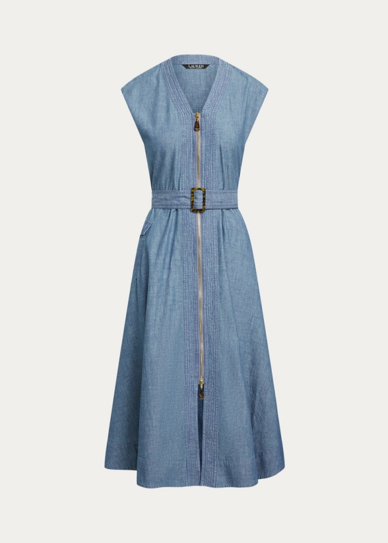 Vestido Belted Denim Cap-Sleeve Mujer Azules | ZHIC13269 - vista 2