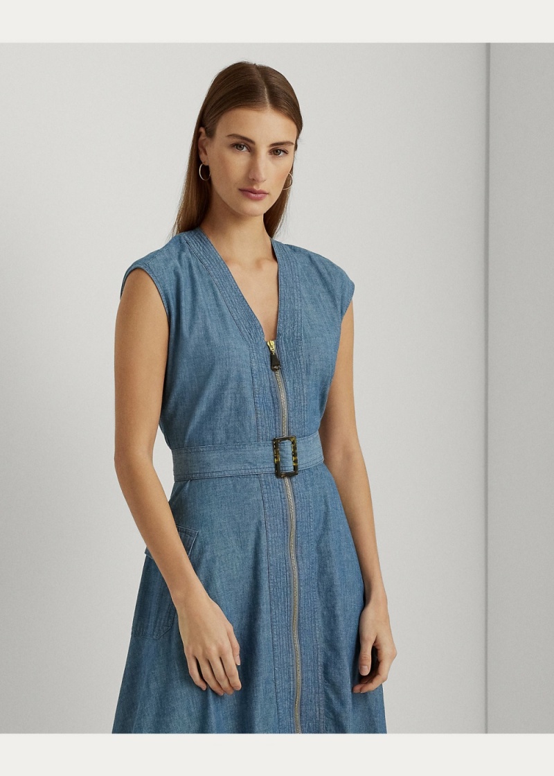 Vestido Belted Denim Cap-Sleeve Mujer Azules | ZHIC13269 - vista 3
