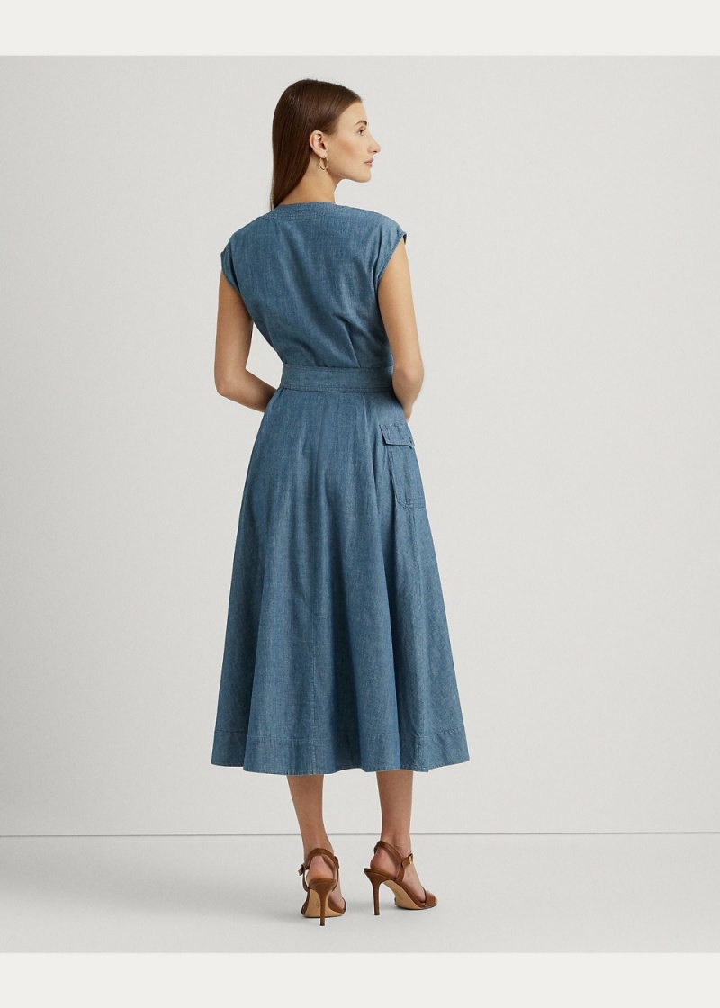 Vestido Belted Denim Cap-Sleeve Mujer Azules | ZHIC13269 - vista 4