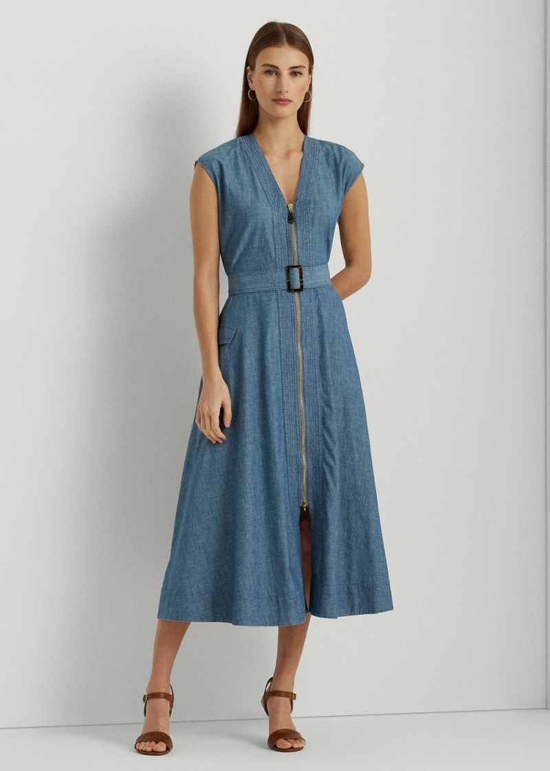 Vestido Belted Denim Cap-Sleeve Mujer Azules | ZHIC13269 - vista 1
