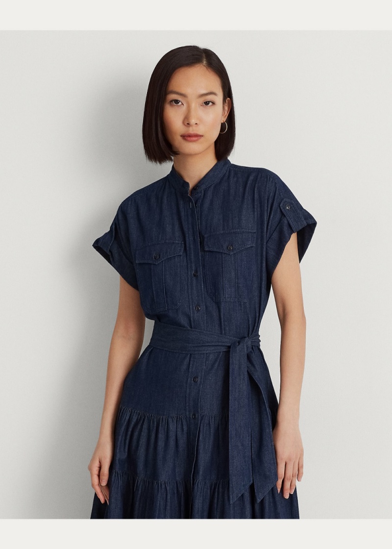 Vestido Belted Denim Tiered Shirtdress Mujer Azules | ATPV60942 - vista 3