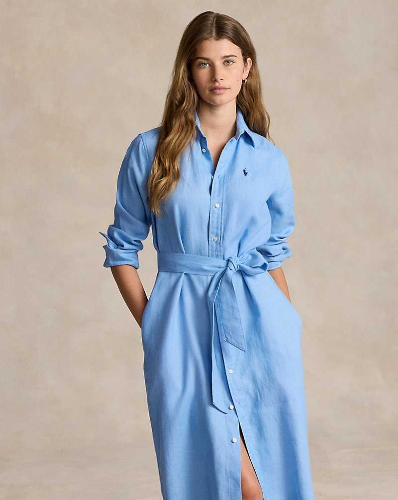 Vestido Ralph Lauren Belted Linendress Mujer Azules | YFGARWN-83 - vista 3