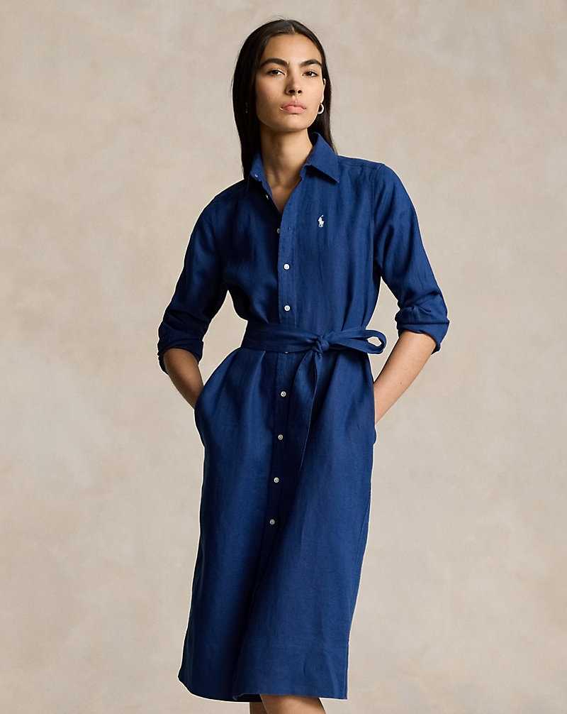 Vestido Ralph Lauren Belted Linendress Mujer Azules | DHUZPSQ-79 - vista 3