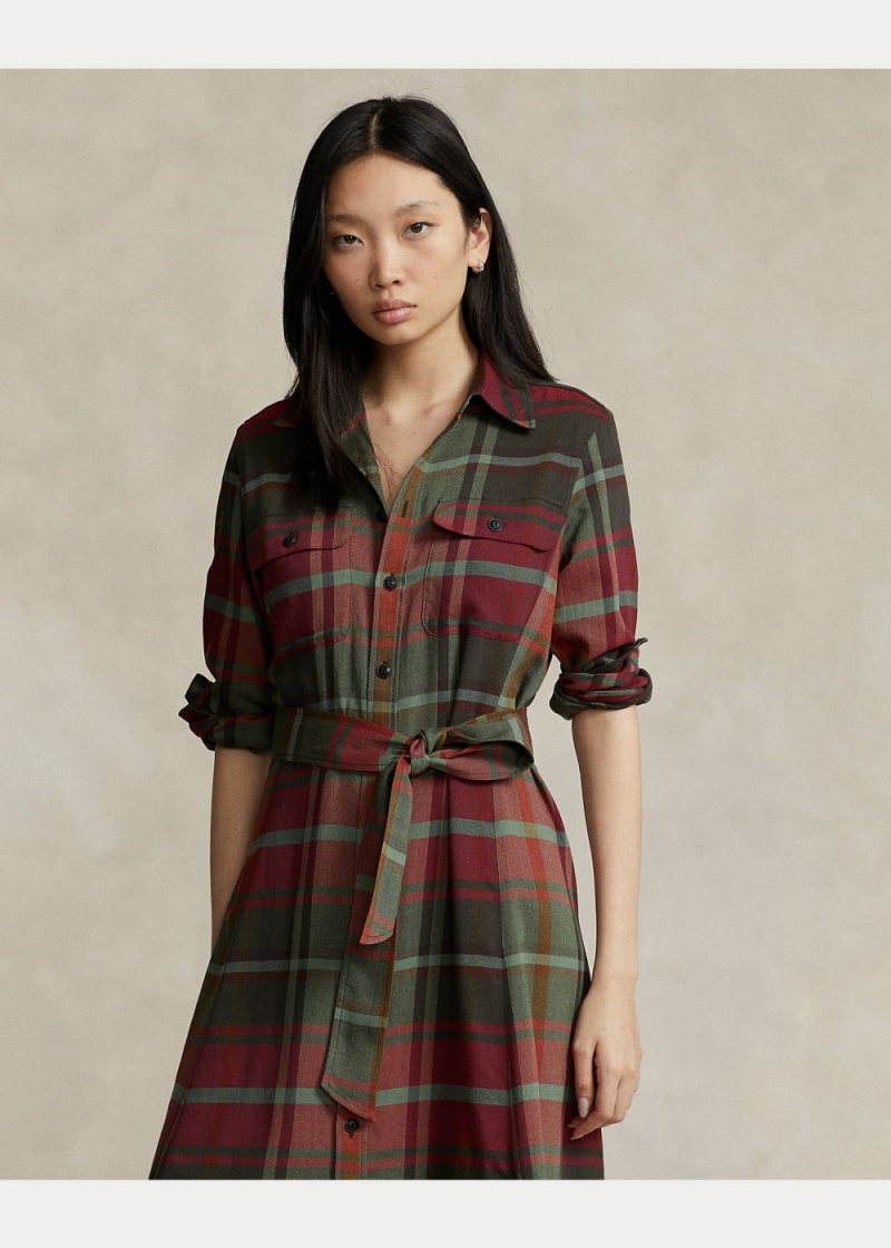 Vestido Belted Plaid Algodon-Blend Shirtdress Mujer Marrom | FNCQ47390 - vista 2