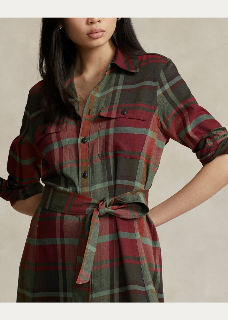 Vestido Belted Plaid Algodon-Blend Shirtdress Mujer Marrom | FNCQ47390 - vista 4