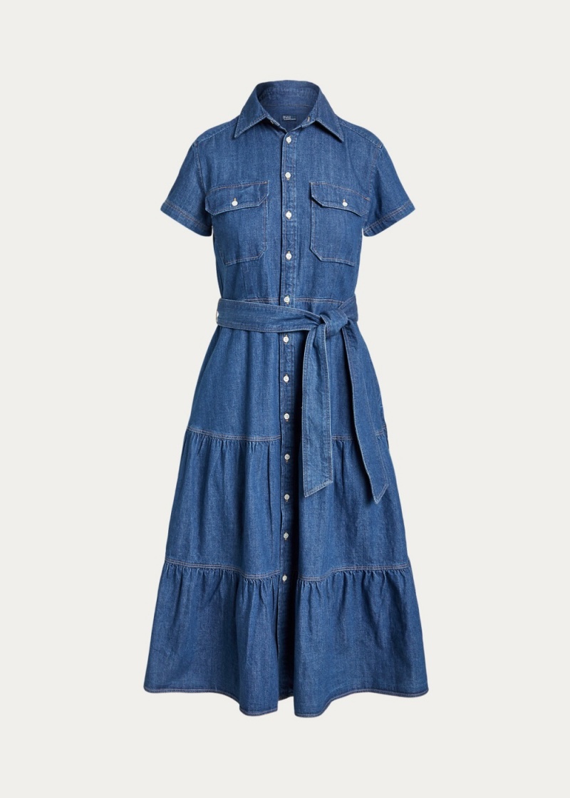 Vestido Belted Tiered Algodon Shirtdress Mujer Marrom | YFLK09275 - vista 2