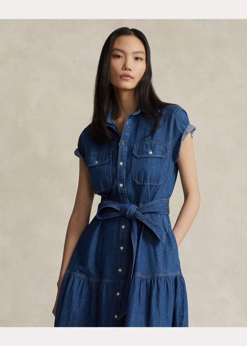 Vestido Belted Tiered Algodon Shirtdress Mujer Marrom | YFLK09275 - vista 3