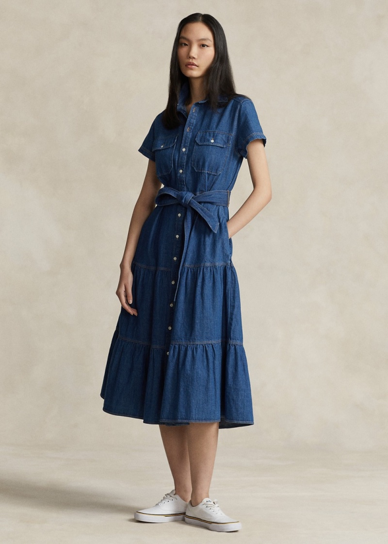 Vestido Belted Tiered Algodon Shirtdress Mujer Marrom | YFLK09275 - vista 1