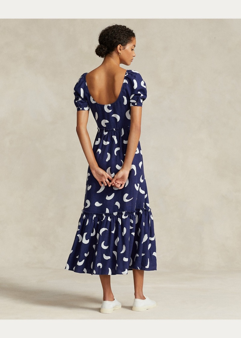 Vestido Brushstroke-Motif Tiered Linen Mujer Marrom | YOZI97263 - vista 3