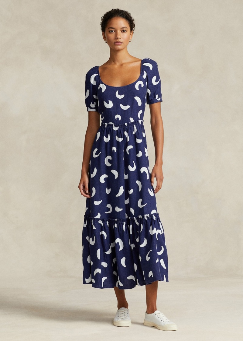 Vestido Brushstroke-Motif Tiered Linen Mujer Marrom | YOZI97263 - vista 1