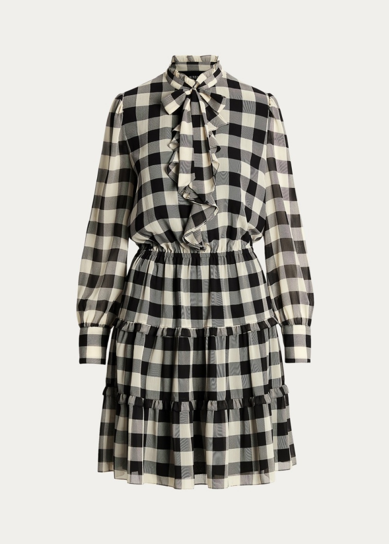 Vestido Buffalo Check Ruffled Georgette Mujer Negros | DYKF23107 - vista 2
