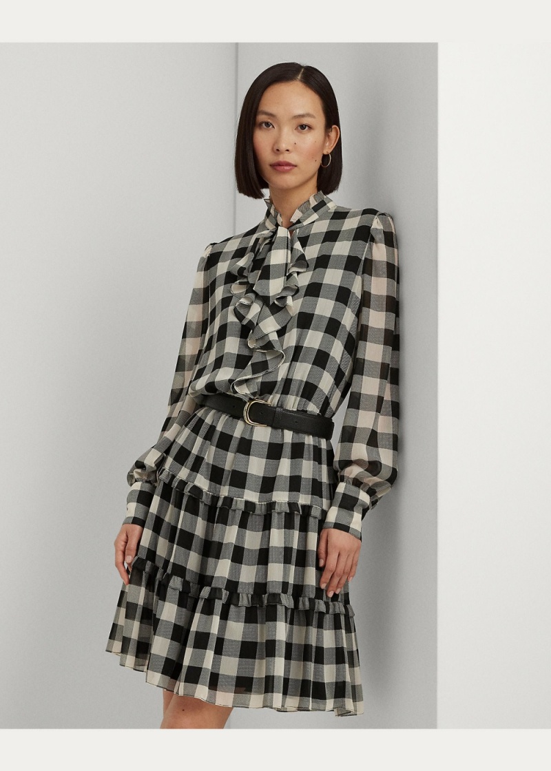 Vestido Buffalo Check Ruffled Georgette Mujer Negros | DYKF23107 - vista 3