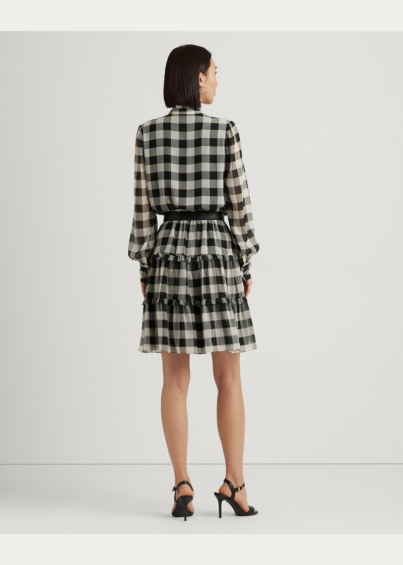 Vestido Buffalo Check Ruffled Georgette Mujer Negros | DYKF23107 - vista 4