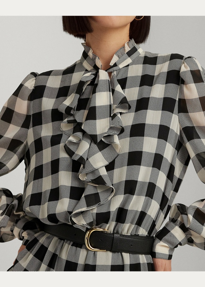 Vestido Buffalo Check Ruffled Georgette Mujer Negros | DYKF23107 - vista 5