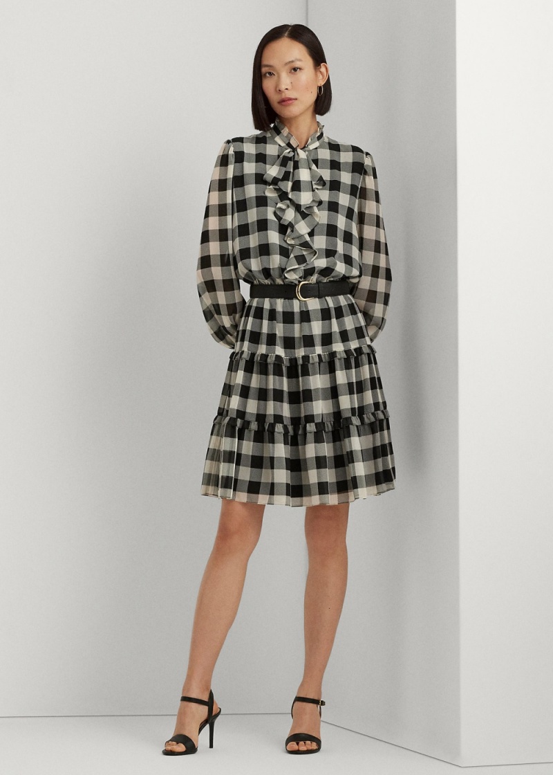 Vestido Buffalo Check Ruffled Georgette Mujer Negros | DYKF23107 - vista 1