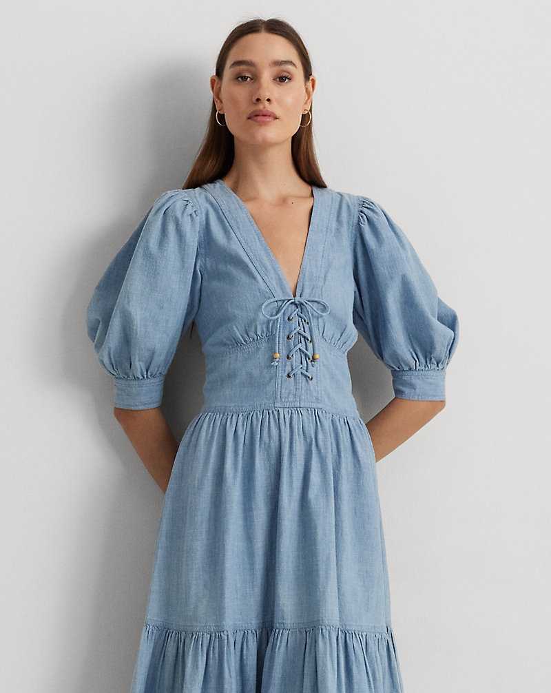 Vestido Ralph Lauren Chambray Puff-Sleeve Mujer Azules | JZEMYOS-31 - vista 3