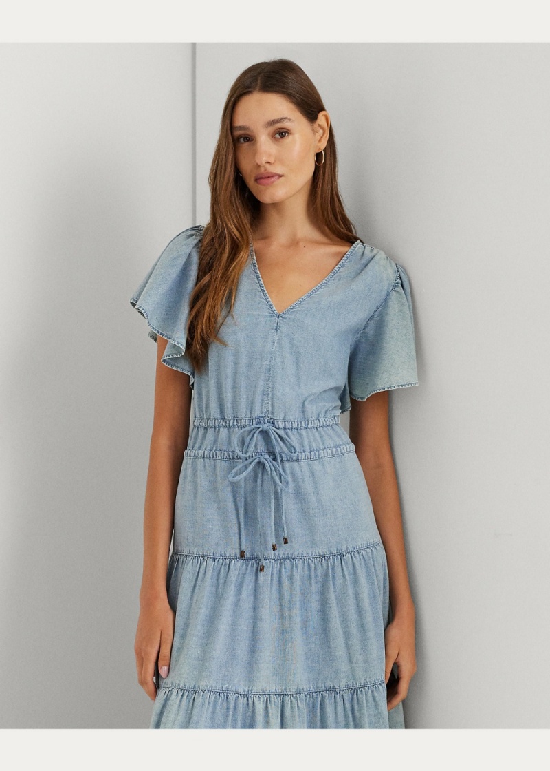 Vestido Chambray Tiered Maxidress Mujer Azules | NLJG16058 - vista 2