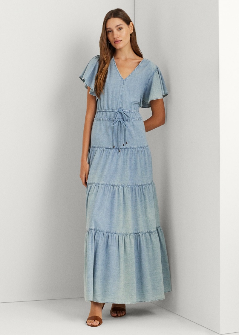 Vestido Chambray Tiered Maxidress Mujer Azules | NLJG16058 - vista 1