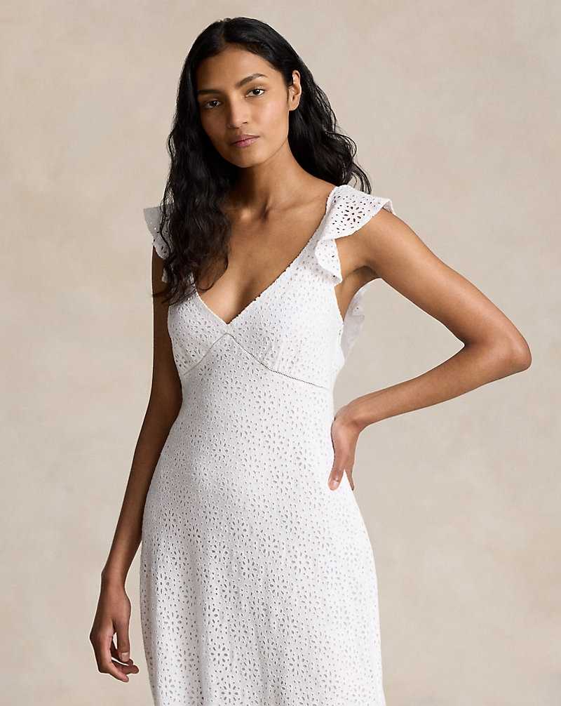 Vestido Ralph Lauren Embroidered Eyelet Linen Mujer Blancos | YGZMIPK-45 - vista 3
