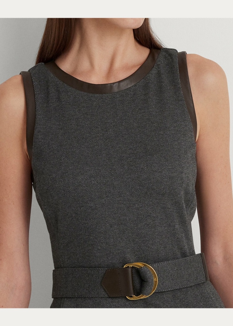Vestido Faux-Cuero-Trim Belted Jacquard Mujer Azul Marino | NFXV54798 - vista 3