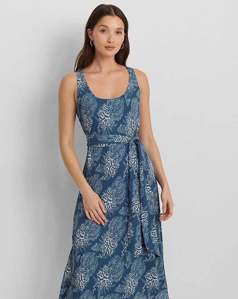Vestido Ralph Lauren Floral Belted Crepe Sleeveless Mujer Blue/Cream | WNAXLIR-18 - vista 3