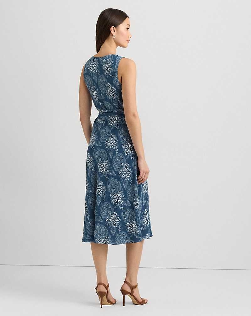 Vestido Ralph Lauren Floral Belted Crepe Sleeveless Mujer Blue/Cream | WNAXLIR-18 - vista 4