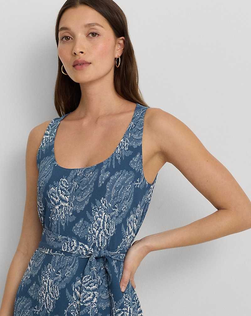 Vestido Ralph Lauren Floral Belted Crepe Sleeveless Mujer Blue/Cream | WNAXLIR-18 - vista 5