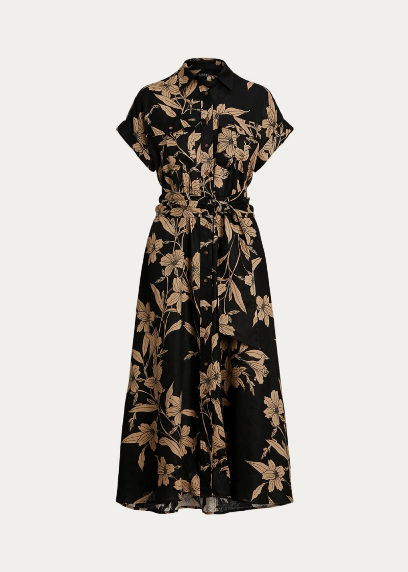Vestido Floral Belted Linen Shirtdress Mujer Marrom | OIVY67925 - vista 2