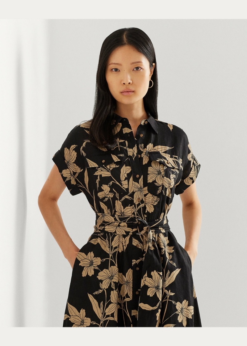 Vestido Floral Belted Linen Shirtdress Mujer Marrom | OIVY67925 - vista 3