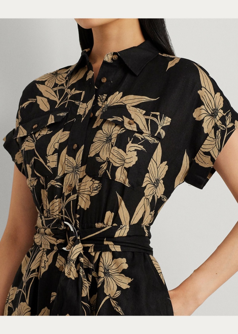 Vestido Floral Belted Linen Shirtdress Mujer Marrom | OIVY67925 - vista 5