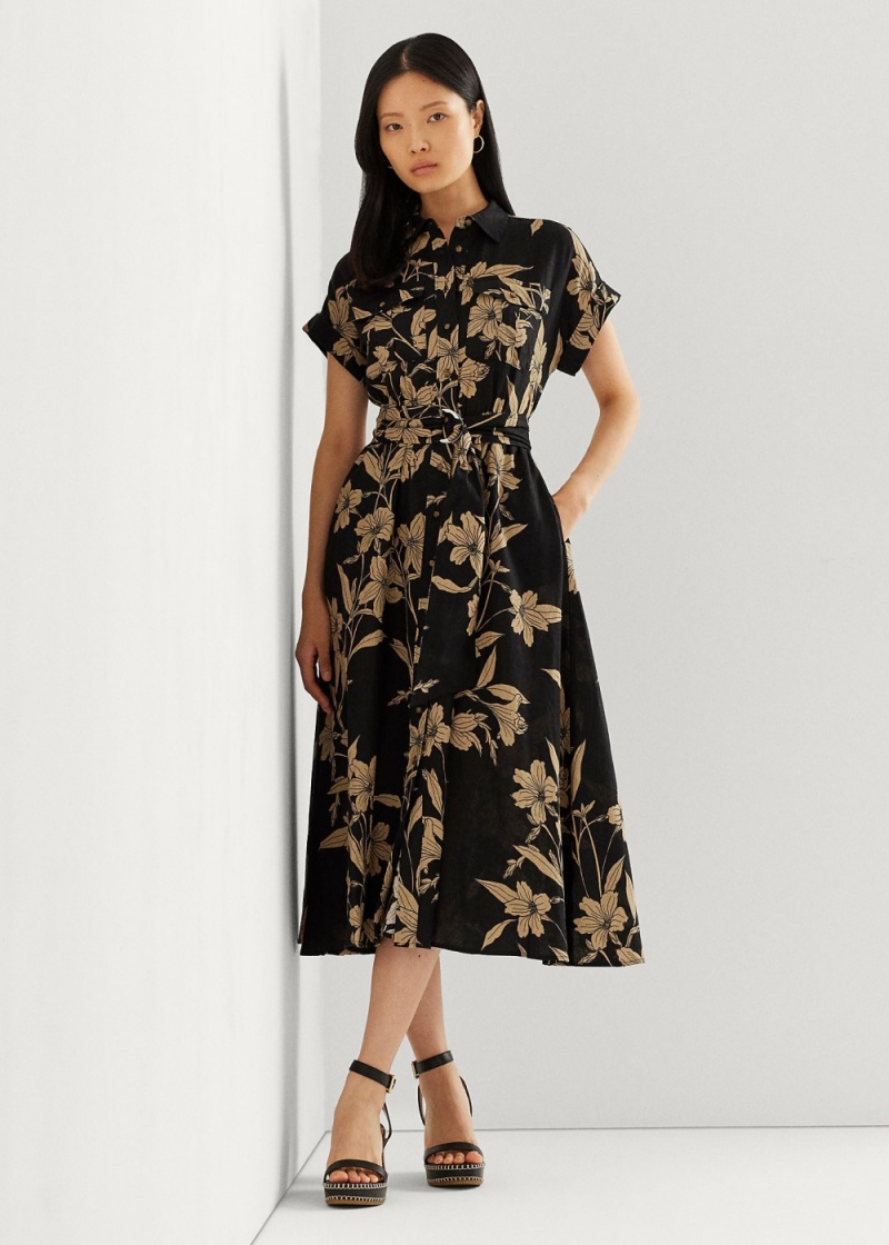 Vestido Floral Belted Linen Shirtdress Mujer Marrom | OIVY67925 - vista 1