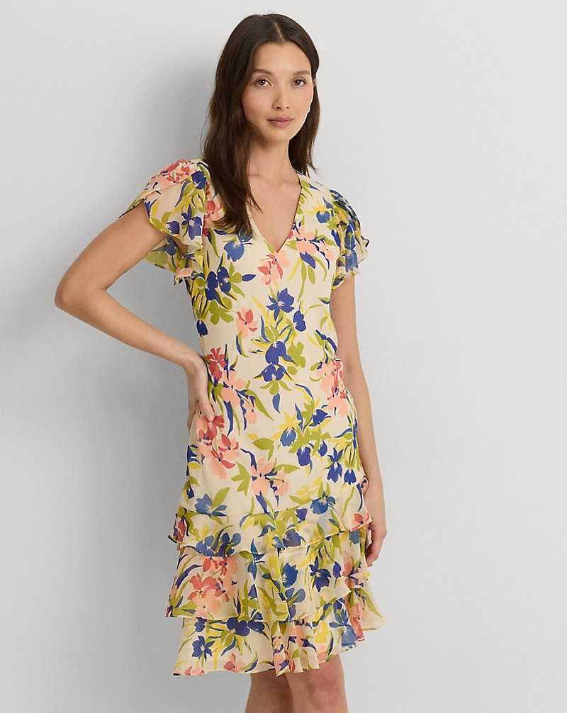 Vestido Ralph Lauren Floral Georgette Drop-Waist Mujer Cream/Blue Multi | GBIWCQK-28 - vista 3