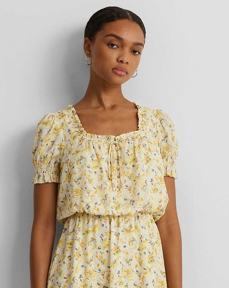 Vestido Ralph Lauren Floral Georgette Puff-Sleeve Mujer Cream/Yellow Multi | LMZDVNU-06 - vista 5