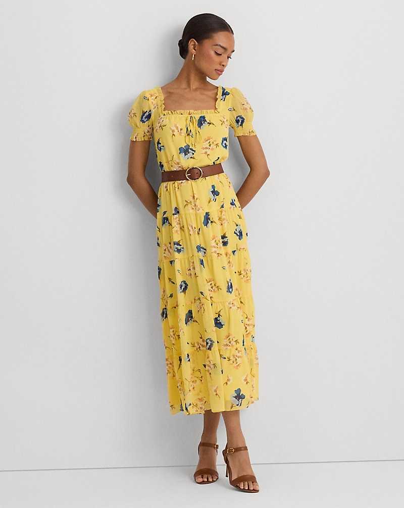 Vestido Ralph Lauren Floral Georgette Puff-Sleeve Midi Mujer Amarillos | JHPEFYN-27 - vista 3