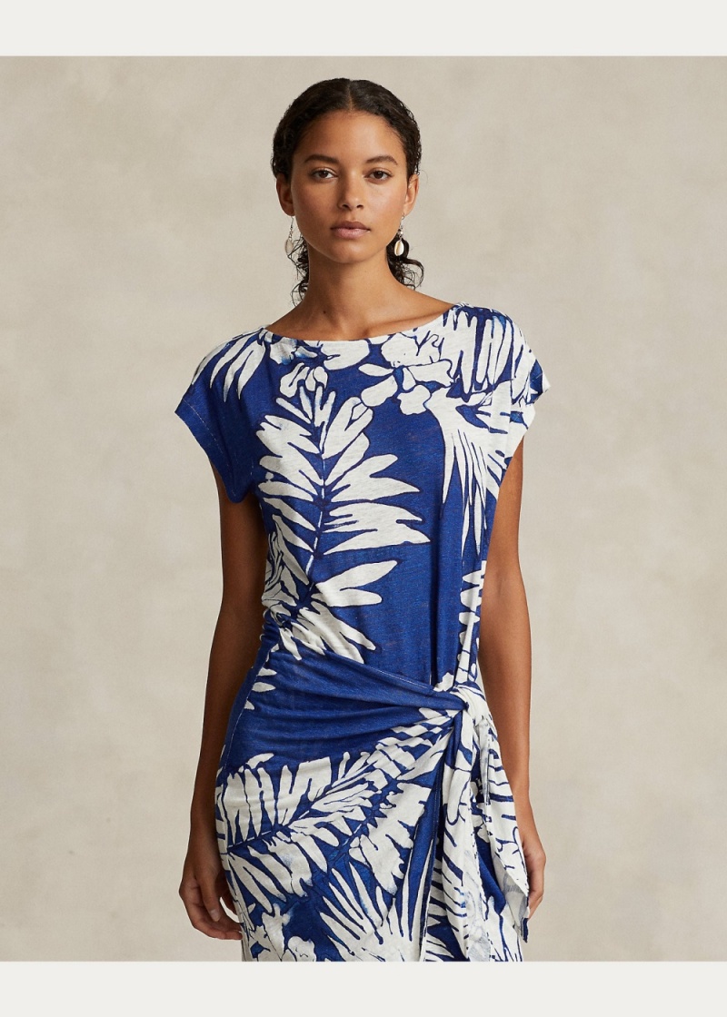 Vestido Floral Linen Faux-Wrap Mujer Blancos | WTMU27583 - vista 3