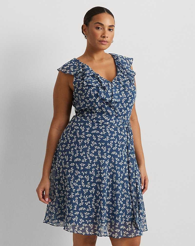 Vestido Ralph Lauren Floral Ruffle-Trim Georgette Mujer Blue/Cream | JBDPGHO-02 - vista 3