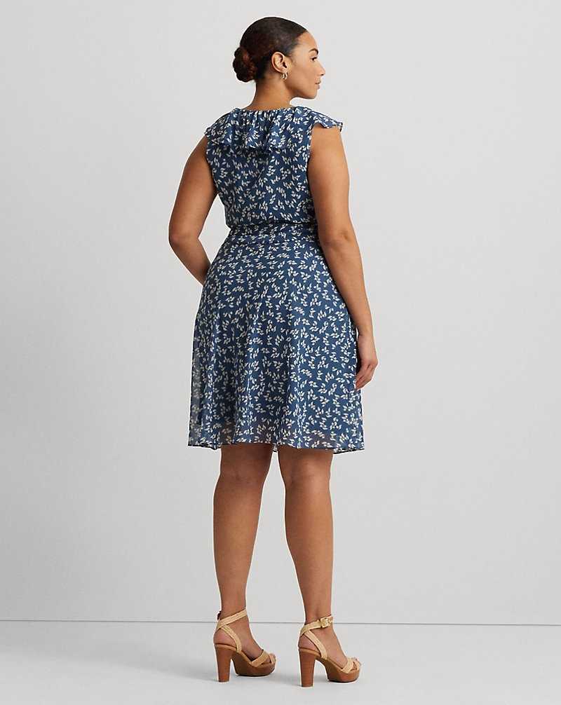 Vestido Ralph Lauren Floral Ruffle-Trim Georgette Mujer Blue/Cream | JBDPGHO-02 - vista 4