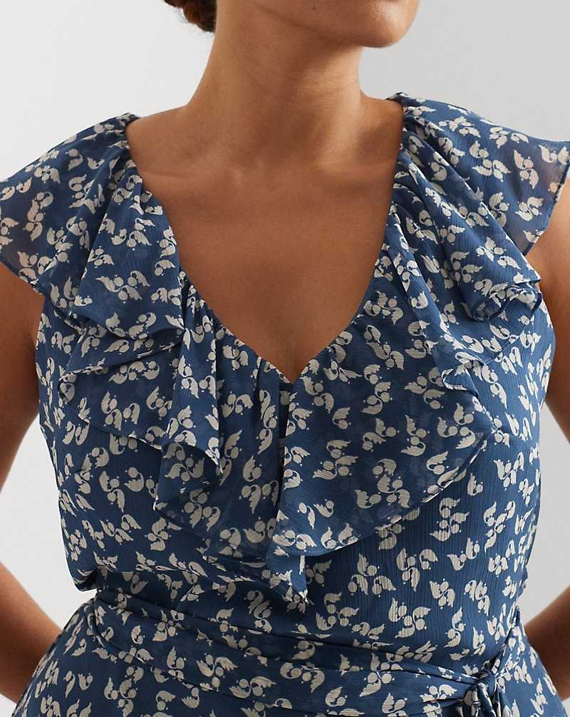 Vestido Ralph Lauren Floral Ruffle-Trim Georgette Mujer Blue/Cream | JBDPGHO-02 - vista 5