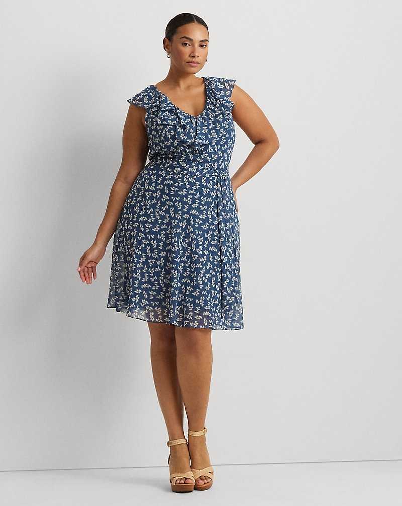 Vestido Ralph Lauren Floral Ruffle-Trim Georgette Mujer Blue/Cream | JBDPGHO-02 - vista 1
