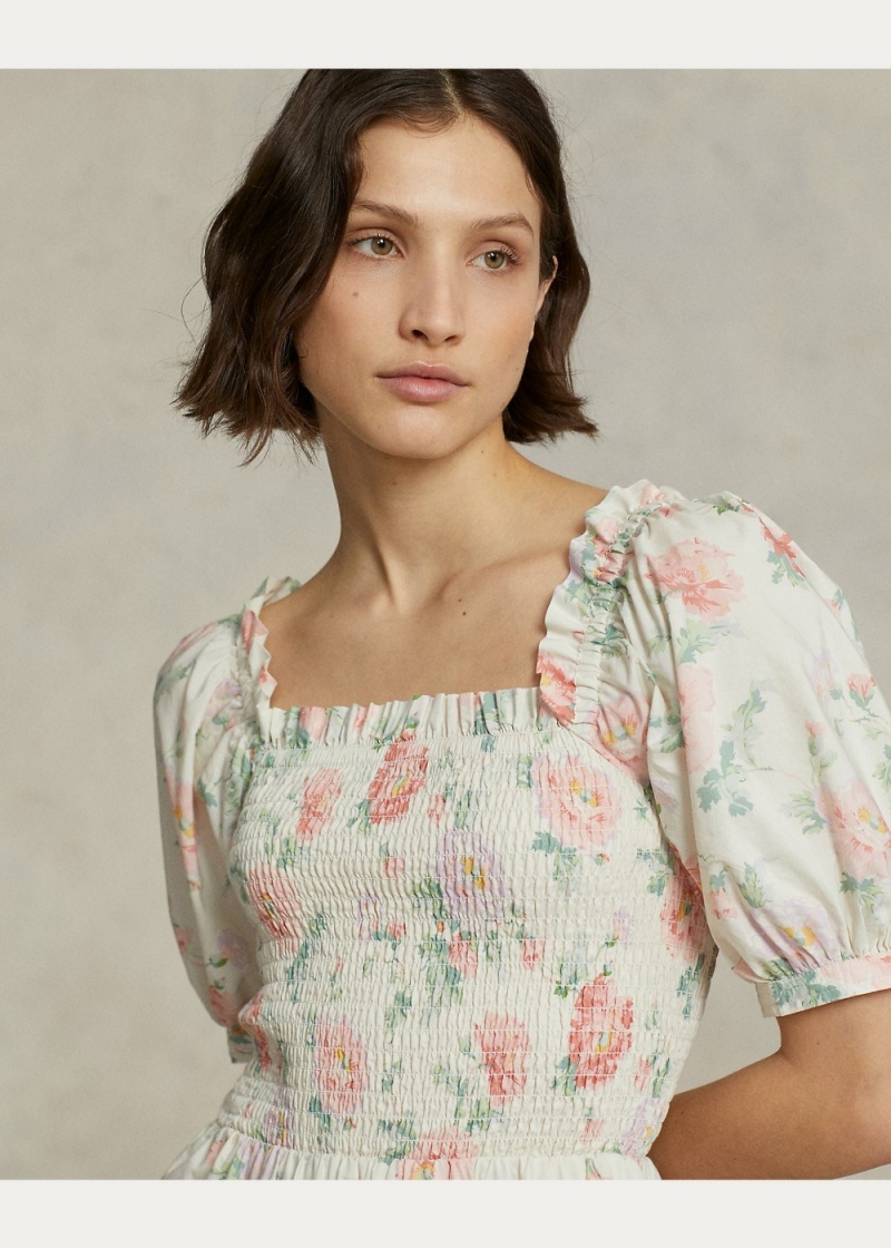 Vestido Floral Smocked Algodon Mujer Blancos | UBCI79650 - vista 4