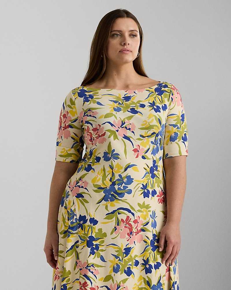 Vestido Ralph Lauren Floral Stretch Cotton Midi Mujer Cream/Blue Multi | QHWABUR-04 - vista 3