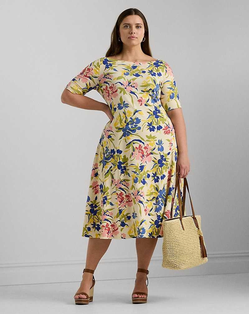 Vestido Ralph Lauren Floral Stretch Cotton Midi Mujer Cream/Blue Multi | QHWABUR-04 - vista 1