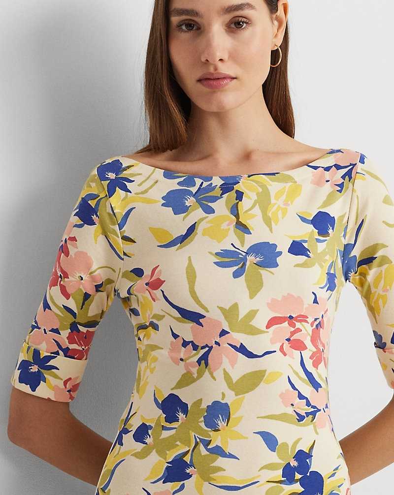 Vestido Ralph Lauren Floral Stretch Cotton Midi Mujer Cream/Blue Multi | NOSJBAT-76 - vista 5