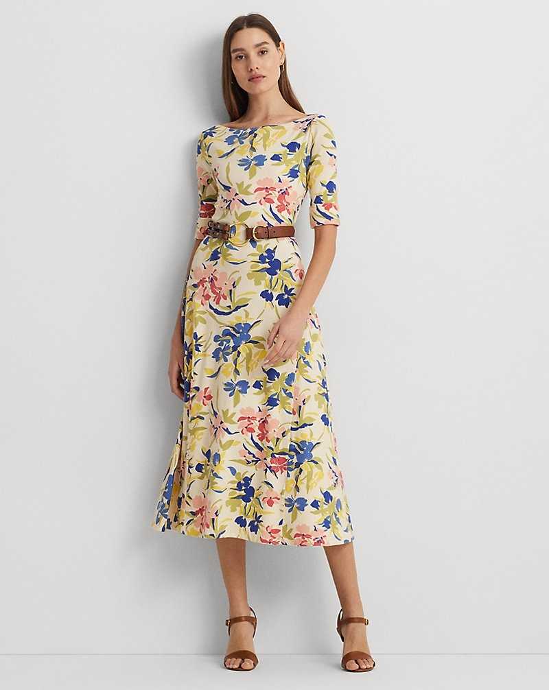 Vestido Ralph Lauren Floral Stretch Cotton Midi Mujer Cream/Blue Multi | NOSJBAT-76 - vista 1